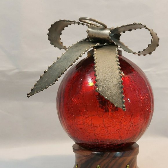 Mercury Glass Kugel Red Crackle Lg 4” Diameter Christmas Ornament Metal Bow Cap - Picture 5 of 7